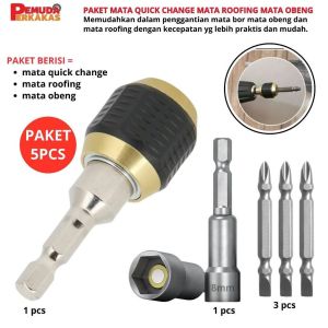 Paket Hemat Set 5pcs Keyless Kepala Bor Hexagonal 3pcs Mata Obeng Magnet Mata Kunci Roofing 8mm
