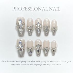 [HANDMADE]Artificial Nail Dreamy Fairy Aurora Pink Sparkling White Diamond Wedding Nail Phototpy Nails Reusable and Removable Nails