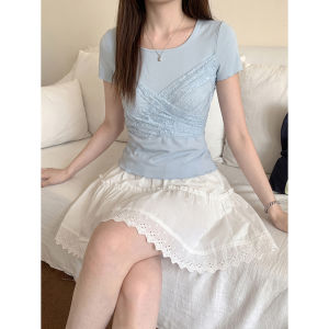 2026 New Summer Women French Style Lace Spliced Tie Waist Casual Tee Top