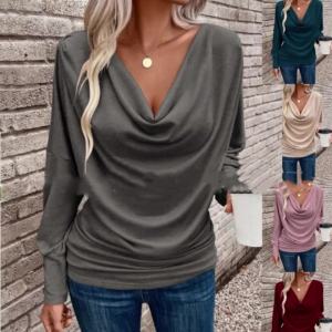{READY STOCK}Womens V-Neck Solid Color Knitted Long Sleeve Loose Fit T-Shirt Casual Pullover Top