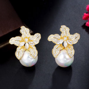 SEQUITO High Grade Women Evening Party Jewelry Yellow Gold Plated Full Pave Bling White AAA Cubic Zirconia Flower Drop with Big Pearl Handmade Dangle Earrings SE658