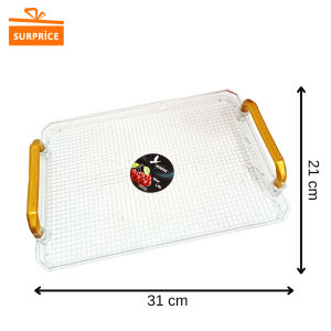 Surprice Nampan Aesthetic Plastik / Kotak Baki Transparan Persegi / Wadah Buah Snack Pegangan / Handle Gold Multifungsi Mewah