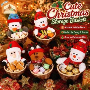 Christmas Candy Storage Basket Cloth Bamboo Table Decor Santa Snowman Deer Gingerbread Penguin