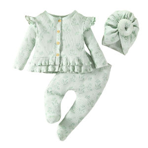 PAYI BABY-3PCS Newborn Baby Girls Long sleeve Ruffled Cardigan + Wrap feet Pants  +Bow-topped Hat