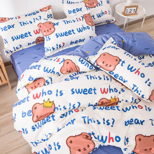 5 IN 1-(With Comforter)-NEW ARRIVALS Korean Classic Sweet Love Bear Premium Limited Design 501 Beddings LV002 Hotel Resort Flat Design Four Bedsheet Pillowcase Duvet Case Set For King Queen Double