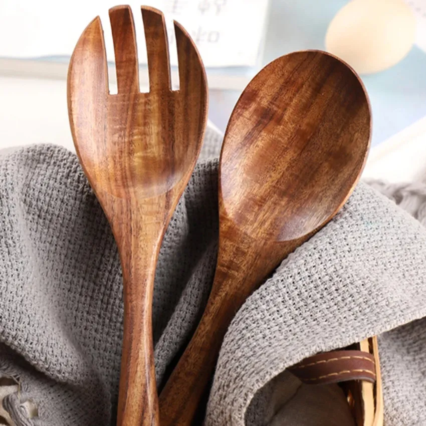 Acacia wood salad spoon and fork set long handle kitchenware large