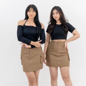 Mizela Mini Skirt Cargo Wanita Pinggang Reguler Motif Plain dengan Kantong - Gaya Retro