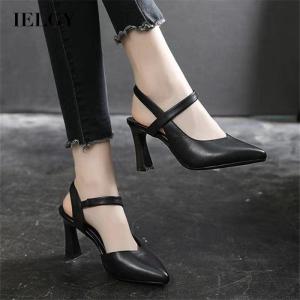 IELGY womens thick heel soft leather one word belt fashion high heels