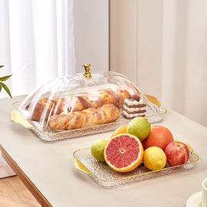 Food Tray Nampan Dekorasi Nampan Tray Mewah Transparan Nampan Kue Atau Minuman Snack Fruit Tray Nampan Dengan Pegangan Handle Gold