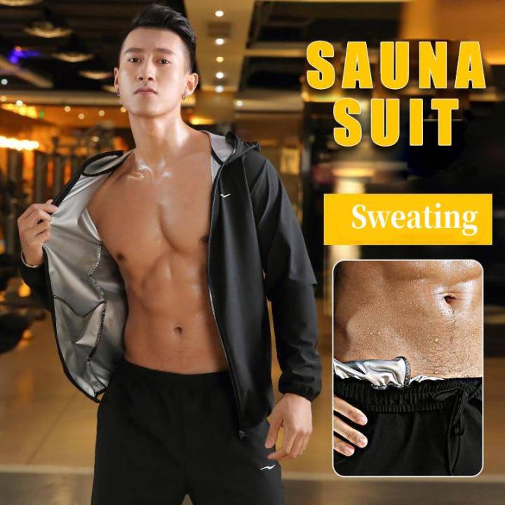 「FICOOL」Men Sauna Suit Weight Loss Thermal Sweat Sauna Jacket Pants Gym  Boxing Workout Jogging Sweat Suits with Hood and Zipper