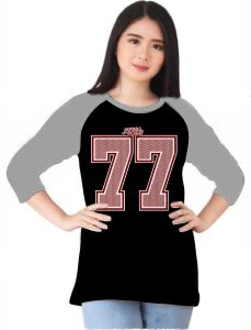 Kaos Atasan Wanita sablon 77/ Kaos raglan Wanita Lengan 3\4/ Kaos Cewek/ Kaos Oblong/ Baju Kaos Tshirt/ Tshirt wanita/ Tshirt cewek/ Baju Wanita