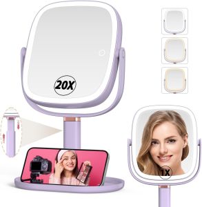 Mocado Makeup Mirror with Lights 1X/20X Magnifying Mirror with Light Vanity Mirror with 3 Colors Lights Height Adjustable Lighted Makeup Mirror Double Sided 360 ° Rotation Memory Function (Black)