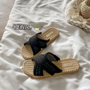 [Free Shipping] Tassel Lazy Style~!Cross-Strap Sandals For Women Summer Outdoor Wear Ins Vacation Style Non-Slip Soft Flat-Soled Beach Slides