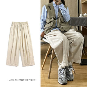 YAZHINIAO กางเกงคาโก้ชาย กางเกง วินเทจ ชุดหลวมเอวยางยืดหลวม Bloomers กางเกงคาร์โก้แฟชั่นสีทึบ ป่า หลวม บาง บาง ทนต่อการสึกหรอ