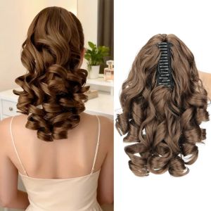 SALTBLOOM Hair Extensions Short Wavy Curly Ponytail Black Brown Synthetic Pony Tail Hairpiece Heat Resistant Natural Claw Clip Ponytail Wig for Women