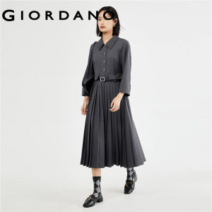 GIORDANO Women Dresses Turn-Down Collar Half Button Pleated Dresses 3/4 Sleeve Fake Pockets Fashion Casual Dresses 18463625