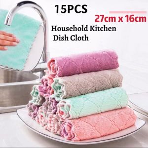 LOCAL SELLER 15Pcs Household Kitchen Towels Absorbent Thicker Double-layer Microfiber Wipe Table Kitchen Towel Cleaning Dish Washing Cloth Polyester Kitchen Dish Wash Cloth Oil-free Washing Rug Super Absorption Cleaning Towel