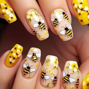 24Pcs Flower Press on Nail Medium Coffin False Nail Full Cover Stick on Nail Artificial Nail Spring Floarl Acrylic Nail