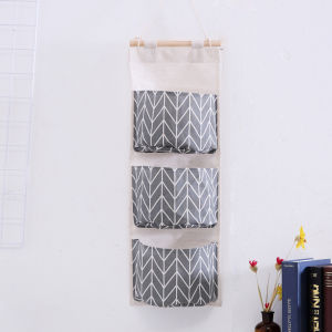 Plaid Cotton Linen Storage Three-Pocket Hanging Bag Door Back Storage Bag Simple Fashion Hanging Pocket Storage Bag