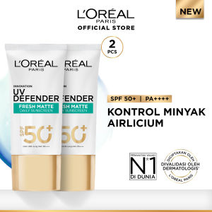 (PAKET HEMAT ISI 2) LOreal Paris UV Defender Serum Protector Sunscreen Matte & Fresh SPF 50+ / PA ++++ Skin Care - 50ml (Untuk Mencegah Kulit Tampak Tua 5 Tahun & Melembapkan)