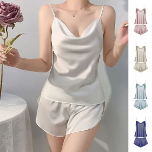 LIANLA Không tay Bộ đồ ngủ satin lụa có dây đeo Cổ V Lụa băng Đầm ngủ ngắn tay Ngọt ngào Rộng rãi Bộ Đồ Ngủ Mùa Hè Nữ