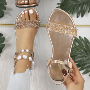 [Free Shipping] Fashionable Sequin And Rhinestone Round-Toe Flat Sandals New Summer Large-Size Stylish WomenS Shoes In Gold And Silver