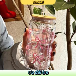 SHNGki 500Ml Bow Nhựa Cốc Nước Mason Jar Hình Chai Nước Với Nắp Và Rơm Cho Cà Phê Đá Nước Trái Cây Uống Cup Quà Tặng