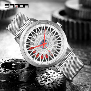SANDA Brand Mens Top LuxuryFashion Car Wheel Design Quartz Watch Hollow Dial Leather Strap Waterproof Wristwatch