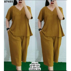 Setelan Jumpsuit Crinkle Casual Plus Size - One Set Warna Solid