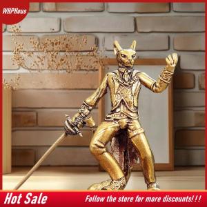 【COD】🔥🔥🔥 Brass Swordsman Cat Small Statue Retro Characters Warrior Miniatures Figurines Desktop Decorations Crafts
