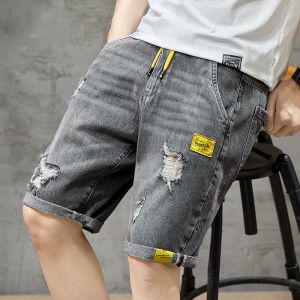 Summer New Casual Men Shorts Straight Ripped Korean Style Denim Short Pants Drawstring Loose Plus Size Male Five-point Jeans