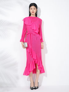High-end temperament fashion dress womens off-neck ruffled dovetail pleated dress #20240918