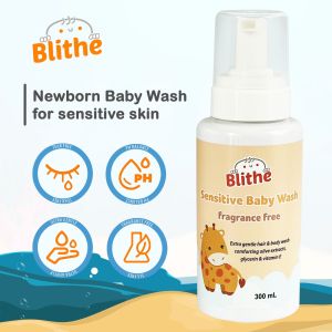 Blithe Newborn sensitive skin baby body wash 300ml fragrance free eczema prone irritated skin foaming pump head to toe tear free soap ph balanced
