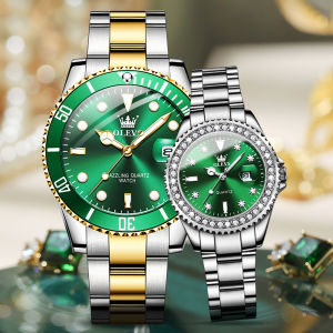 OLEVS Couple Watch For Men And Women Original Water Proof Automatic Watches 2022 New Fashion Fancy Dual Calendar Luminous Display Diamond Dial Stainless Steel Strap Casual Couple Watch