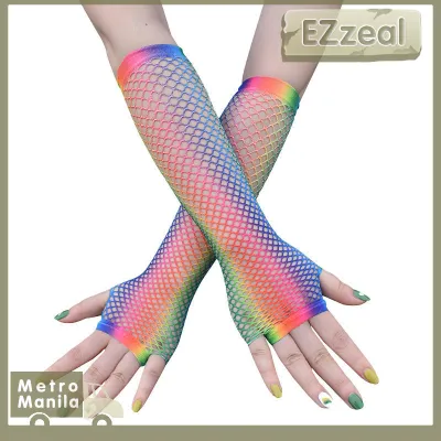 1pair Women Fashion Fishing Net Gloves Elasticity Rainbow Arm Sleeves Gloves For Party