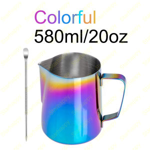 STAR Frothing Pitcher Milk Jug kopi Susu Latte 304 Stainless Steel Free Latte Kopi Pena 350 ML/580ML / Pitcher Steam Barista Espresso Latte Art - Alat Latte - Alat Seduh Kopi-Pembuih Susu / Silver with Inner Scale LineRainbow Color[Stok & Pengiriman Cep