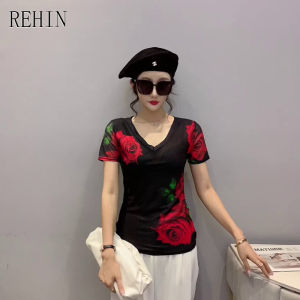 REHIN Womens top Summer fashion mesh floral print red flower short-sleeved T-shirt V-neck slim and thin elegant S-3XL blouse