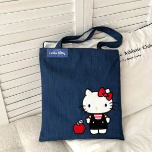 TSEVD Kitty Cat Cartoon Canvas Bag Cute Printed Kuromi Shoulder Bag Kawaii Large Capacity Cloth Handbag Girl