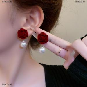 [COD] Biubiuni Retro đám cưới Tai Studs Trung Quốc năm mới trang sức bông tai rượu vang đỏ ngọc trai hoa hồng hoa tai