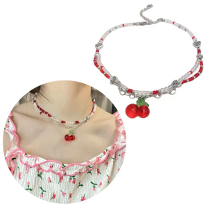 Korean Fashion Retro Goth Beaded Cherry Pendant Necklace For Women Egirl Aesthetic Grunge Y2k 90s Accessories