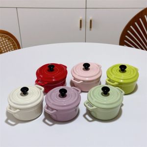 anhey soup bowl Anti-scalding Ceramic Breakfast Bowl 200ml Hanging Ears Steamed Egg Bowl Chili Oil Storage Jar High Temperature Resistant Mini Casserole with Lids Household