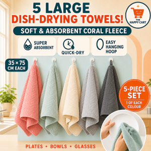 [5-Piece Set] Large Coral Fleece Kitchen Dish Towel 35x75cm | Absorbent Quick-Dry Drying Cloth with Hanging Hoop