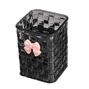 Decorative Pen Cup Woven Textured Bowknot Pencil Cup Multipurpose Desk Pen Organizers Tabletop Makeup Brush Storage Box