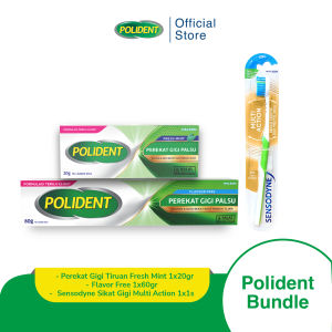 Polident Bundle - Perekat Gigi Tiruan Flavor Free 1x60gr Fresh Mint 1x20gr Sensodyne Sikat Gigi Multi Action 1x1s