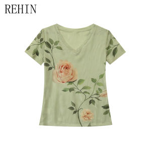 Rehin thời trang mới mùa hè lưới in hoa tay ngắn áo phông cổ chữ V Slim-fit Chic thanh lịch của phụ nữ hàng đầu