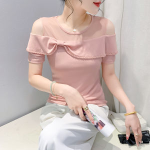 Yimei 2024 Mùa Hè Mới Thiết Kế Ý Nghĩa tay ngắn Hồng áo thanh lịch Ngành Công Nghiệp Nặng kim cương nổi bật Của Phụ Nữ T-Shirt nút thắt hình bướm Hở Vai Áo Sơ Mi