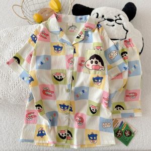 GOOTRADES แมวเชอร์รี่ KT ชุดนอนการ์ตูน เครยอนชินจัง ไมค์กี้ ชุดนอนผู้หญิง น่ารัก ชุดเชิ้ตติดกระดุม ชุดนอนสองชิ้น ฤดูร้อน