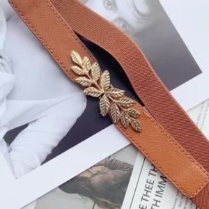 Womens Elastic Belt Small Leaf Buckle Stylish Simple Full Skirt with Black Trim Metal Belt