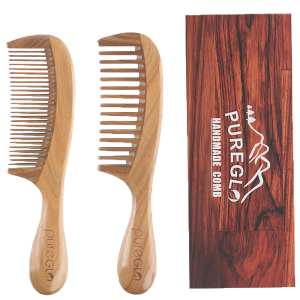 PureGLO Natural Handmade Wide & Fine Tooth Wooden Hair Comb Set Womens Anti-Static Green Sandalwood Hair Comb
