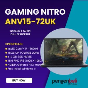 Laptop Gaming Nitro Termurah Dan Berteknologi Tinggi / Fingerprint / i7-13620H  / RAM 24GB / SSD 512GB / Free Install Win 11 / Display 15.6" FHD IPS / Backlit Keyboard / THUNDERBOLT 4 /  Acer Nitro V15 ANV15-51-72Uk